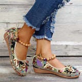 Ladies Ethnic Style Embroidered Ankle Strap Loafers