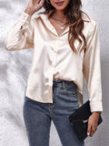 Super Soft Lapel Button Long Sleeve Silky Blouses for Office Lady