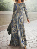 National Style Paisley Print Long Sleeve Extra Loose Women Dress for Autumn Winter