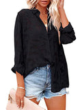 Hollowed-Out Buttons-Up Long Sleeve Chiffon Blouses