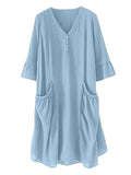 Ladies Ruffle Half Sleeve V Neck Pullover Large Pockets Dress