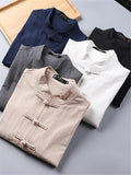 Retro Style Linen 2-Piece Outfit Button Collar Shirt + Full-Length Elastic Waistband Pants