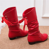 Women's Campus Round Toe Low Heels Ribbon Mid-Calf Knight Boots