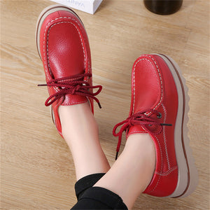 Fashion Lace Up Breathable Women Leather Loafers