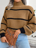 Casual Half Collar Lantern Sleeve Stripe Knitted Sweater For Women