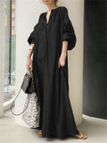 Lady Cotton Linen Lapel Solid Glossy Trending Leisure Long Dresses