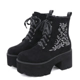 New Fashion Flower Embroidered Platform Boots Chunky Punk Lace-Up Pumps
