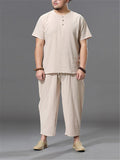 Loose Fit Linen 2-Piece Round Neck Button T-Shirt + Drawstring Cropped Pants