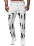 Trendy Men's Black&White Graffiti Paint Slim Fit Jeans