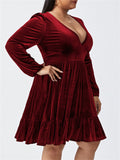 Ladies Sexy Oversized V Neck Long Sleeve Velvet Dress