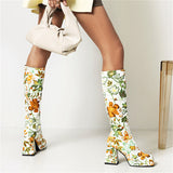 Trendy Colorful Floral Printed Thick Heel Long Boots