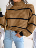 Casual Half Collar Lantern Sleeve Stripe Knitted Sweater For Women