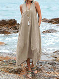 Women's Deep V Neck Pocket Backless Lace Up Loose Beach Dress