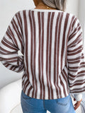 Unique V Neck Vertical Striped Lantern Sleeve Female Sweater