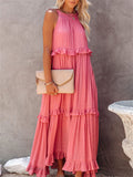 Romantic Ruffles Swing Sleeveless Halter Maxi Dress for Women