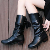 Women's Campus Round Toe Low Heels Ribbon Mid-Calf Knight Boots