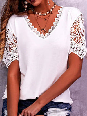 Women's Popular Lace Splice Short Sleeve V Neck T-shirts