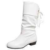 Women's Campus Round Toe Low Heels Ribbon Mid-Calf Knight Boots