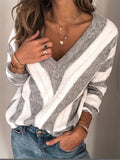 Women's V Neck Stripe Knit Long Sleeve Sweater