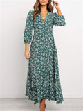 Classy High Waisted Vintage Floral V Neck Long Dresses For Women