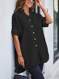 Women's Holiday Roll Up Long Sleeve Button Down Oversized Blouses