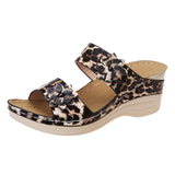 Female Vacation Floral Leopard Print Wedge Heels Slip On Sandals