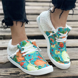 Super Cute Painting Keep Warm Lace Up Women Cotton Cloth Loafers