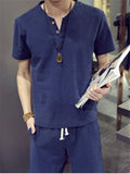 Regular Fit Linen Two-Piece Button Fastening T-Shirt + Drawstring Straight-Leg Shorts