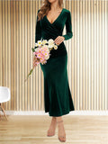 Women's Sexy Deep V Long Sleeve Bodycon Midi Fishtail Dress