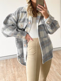 Women Lovely Plaid Long Sleeve Pockets Woolen Coats for Winter