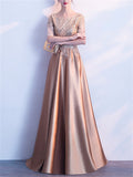 Shiny Round Neck Short Sleeve A-Lined Gown Dress for Evening