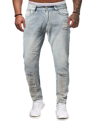 Men's Trendy Ripped Mid Waist Light Blue Denim Pencil Pants