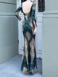 Elegant Sequined Backless Fitted Waist Maxi Dress for Evening