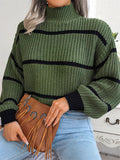 Casual Half Collar Lantern Sleeve Stripe Knitted Sweater For Women