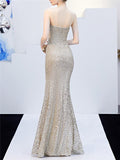 Exquisite Sequined Wrap Neck High Slit Dress for Evening