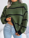 Casual Half Collar Lantern Sleeve Stripe Knitted Sweater For Women