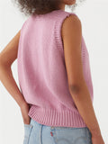 Relaxed Fit Fine Knit V Neck Ribbed Detailing Solid Color Sleeveless Sweater Vest