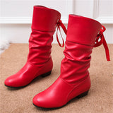 Women's Campus Round Toe Low Heels Ribbon Mid-Calf Knight Boots