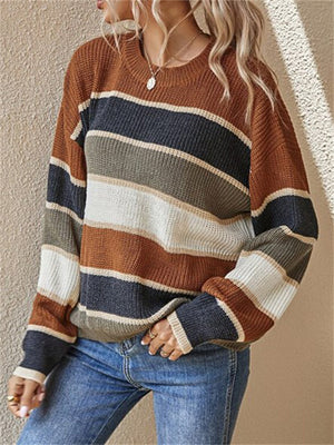 Stripe Contrast Color Round Neck Sweaters