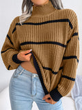 Casual Half Collar Lantern Sleeve Stripe Knitted Sweater For Women