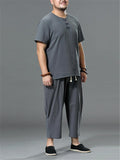 Loose Fit Linen 2-Piece Round Neck Button T-Shirt + Drawstring Cropped Pants