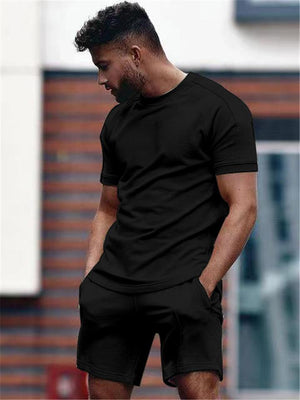 Mens Solid Color Casual Comfy Short Sleeved T-Shirts+Shorts