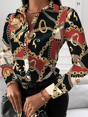 Women's Trendy Lapel Collar Geometric Print Button Down Blouses