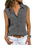 Womens Summer Casual Lapel Collar Button Front Sleeveless Blouses