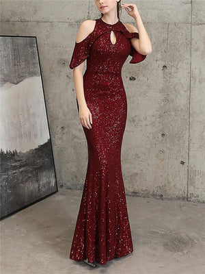 Flattering Off Shoulder Sequined Cap Sleeve Mermaid Dress for Formal Party