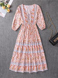 Women's Hawaiian Floral Printed V Neck 3/4 Sleeve Flowy Boho Dress