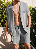 Men's Short Sleeved Buttons Up Summer Beach Linen Sets