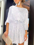 Pretty Shiny Beaded Crew Neck Lantern Sleeve Women's Cocktail Dress