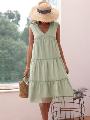 Sleeveless V-Neck Linen Light Green Dress