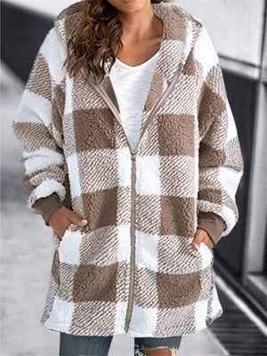 Women's Classic Plaid Zip Up Hooded Plush Jackets with Pockets